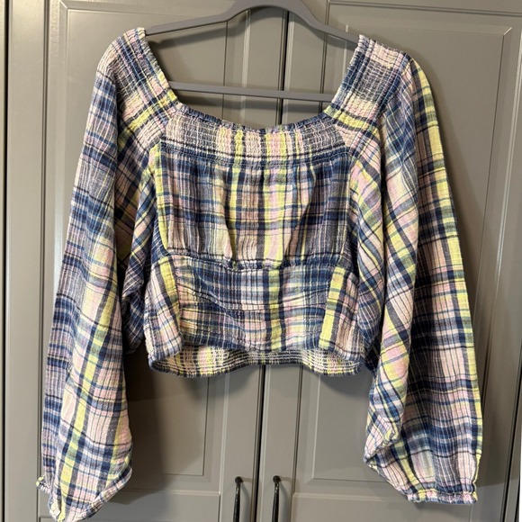 Free People Marlena Plaid‎ Balloon Long Sleeve Smocked Crop Top, Multi,M - Picture 7 of 13